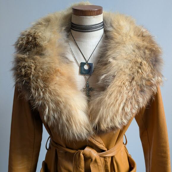 Vintage Mustard Leather Penny Lane Jacket Groovy Fur Trim 70s Trench Coat Medium - Picture 8 of 10